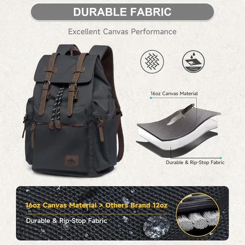 Miniatura 6 de MOYYI Mochila de lona para hombre para laptop de 13 a 17.3 pulgadas, mochila vintage duradera con ribete de cuero para uso diario, universidad