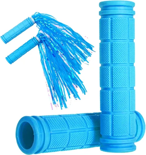Empuñaduras de bicicleta con serpentinas de borla para niñas, niños y niños, cubierta antideslizante para manillar de bicicleta de montaña, Azul