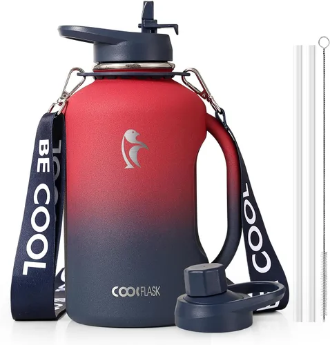 Miniatura 16 de Coolflask - Botella de agua aislada de 64 onzas, jarra de agua de medio galón con asa, popote de acero inoxidable, doble pared, de metal al vacío