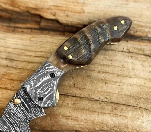 Miniatura 2 de Cuchillo de bolsillo de acero damasceno WINTERFELL para hombres con funda de cuero, cuchillos de caza plegables hechos a mano de 7 pulgadas, mango