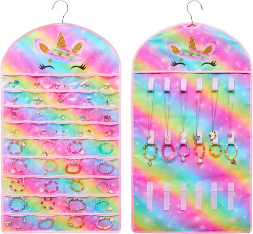 FIOBEE Organizador de joyas colgante para niñas, soporte de almacenamiento de joyas de unicornio con colgador para niños, aretes, collar, pulsera