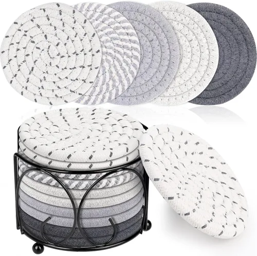 Lezmarket 10 posavasos absorbentes para bebidas con soporte, posavasos de 5 colores para bebidas, juego de posavasos minimalistas tejidos de algodón