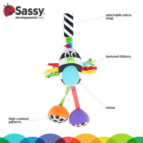 Miniatura 3 de Sassy Boppin' Birdie - Juguete de peluche de desarrollo para aprendizaje temprano, alto contraste, se fija al equipo del bebé para viajes