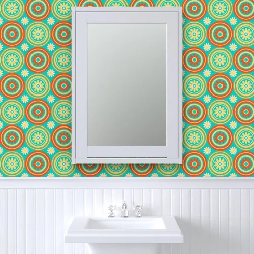 Miniatura 9 de Muestras de papel tapiz para despegar y pegar, círculos de azulejos florales retro de mediados de siglo, moderno, turquesa, naranja, amarillo