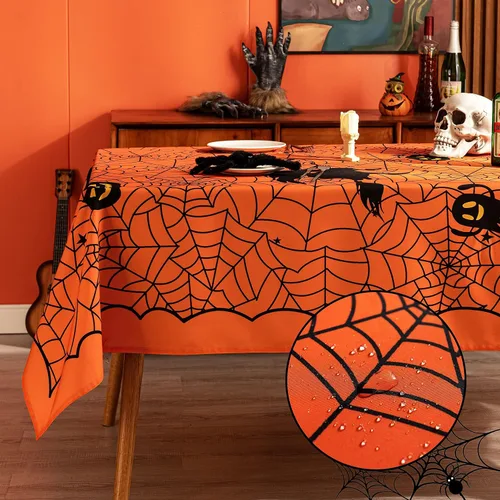 Miniatura 11 de MikiUp Mantel redondo de Halloween, mantel decorativo de tela de araña, impermeable y lavable, para fiestas, cocina, comedor, interiores