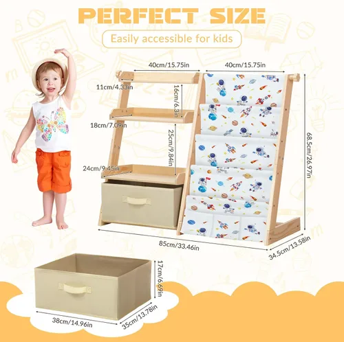 Miniatura 2 de decalsweet Estantería infantil y organizador de almacenamiento de juguetes de madera 2 en 1 para niños pequeños, estante de 4 niveles con caja