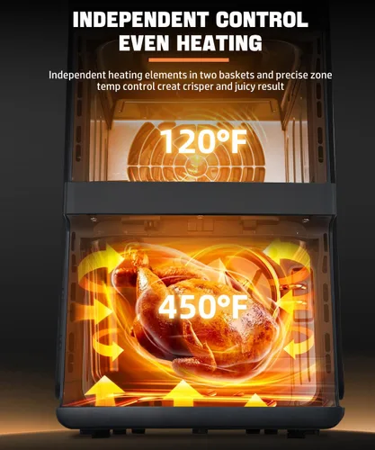 Miniatura 6 de Horno freidor de aire de doble capa de 12QT, capacidad de 6QT×2, diseño vertical de 2 cestas, función 7 en 1 con parrilla, asar, hornear