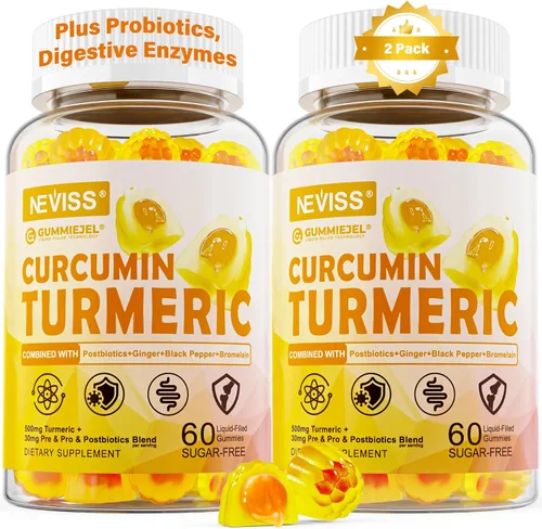 Miniatura 10 de Gomitas rellenas de cúrcuma sin azúcar, 550 mg para adultos, jengibre y pimienta negra 95% curcuminoides con mezcla probiótica prebiótica