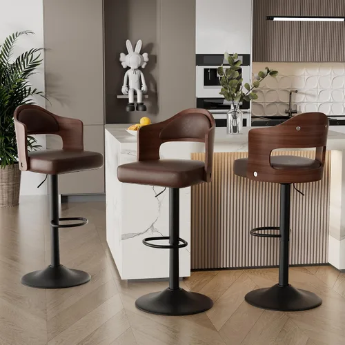 Miniatura 11 de Juego de 2 taburetes de bar giratorios, taburetes de bar de madera tapizados en cuero PU con respaldo y reposapiés, asiento de altura ajustable