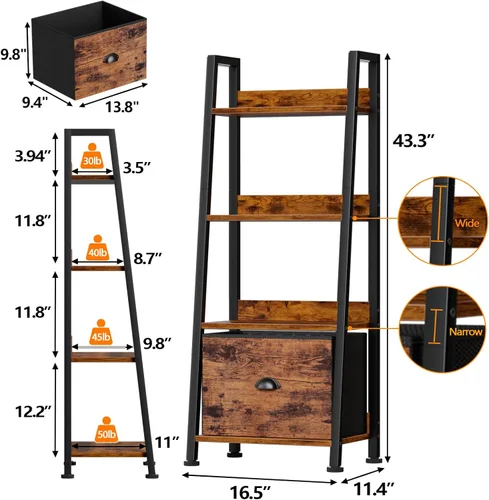 Miniatura 3 de Furologee estantería de escalera de 4 niveles, estantería tipo escalera con cajón extraíble, organizador de estantes de almacenamiento tipo Marrón