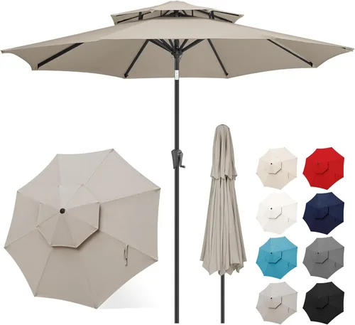 Miniatura 23 de FLAME&SHADE Sombrilla de Patio de 9 pies - Sombrilla para Exteriores de 2 Niveles con Botón de Inclinación y Manivela para Protección UV, Sombrilla