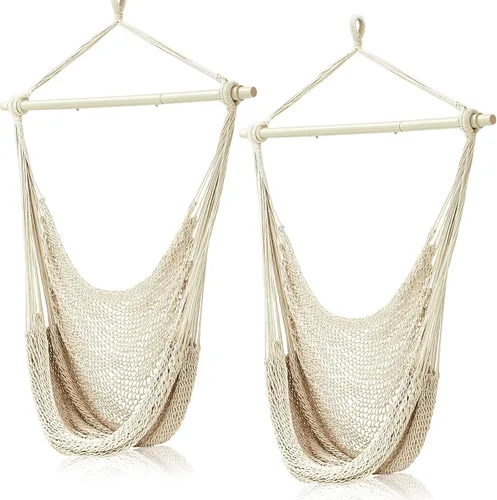Barydat 2 sillas colgantes tipo hamaca estilo bohemio, para exteriores e interiores, cómoda cuerda de algodón suave, con barras de metal Beige