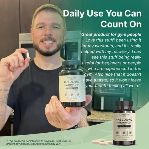 Miniatura 6 de VINATURA Suplemento HMB de 3000 mg y vitamina D3, defensa muscular con HMB (beta-hidroxi beta-metilbutirato), vitamina D3 (1600 UI), fabricado