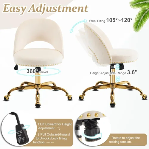 Miniatura 5 de VINGLI Silla de Oficina Pequeña de Terciopelo Moderna, Linda Silla de Escritorio con Ruedas, Base/Tachuelas Doradas, Cómoda Silla Giratoria sin Beige