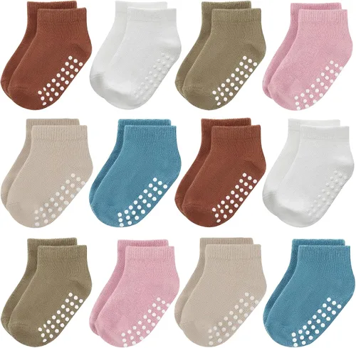 Miniatura 8 de JAKIDAR 12 pares de calcetines antideslizantes de algodón para niños y niñas, suela antideslizante para bebés y niños