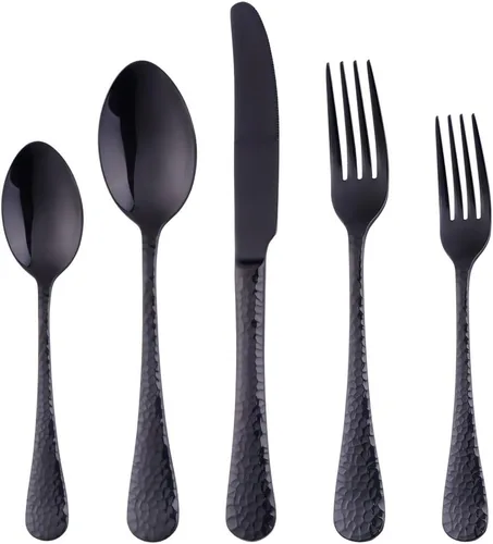 Juego de 5 piezas de cubiertos de acero inoxidable negro para 1, juego de cubiertos incluye cuchillo de cena, tenedor de mesa, cuchara de mesa,