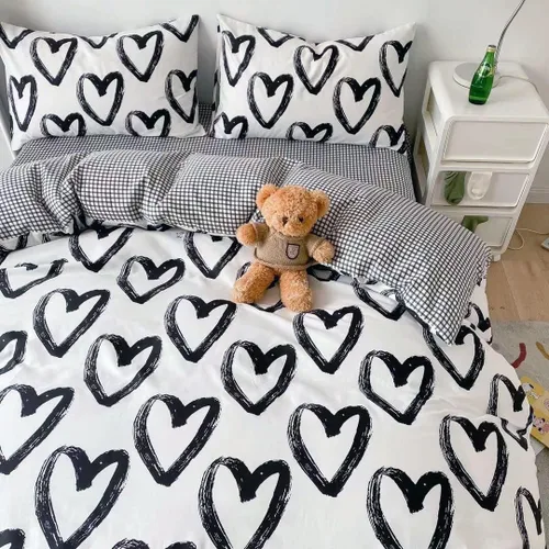 Miniatura 2 de Wellboo Juegos de Edredones de Amor Queen Negro y Blanco Ropa de Cama Edredones de Algodón Mujeres Niñas Colchas de Cama con Forma de Corazón Tinta