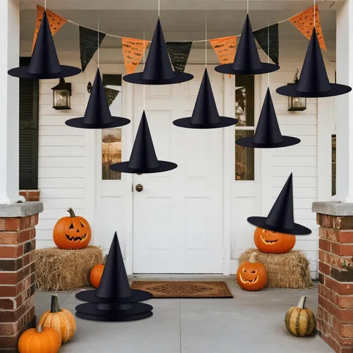 Miniatura 9 de ZeeDix 8 sombreros de bruja de Halloween para colgar en interiores, sombrero de bruja flotante negro con cuerda colgante de 98 pies, accesorios