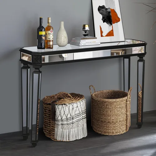 Miniatura 3 de Mesa de consola con espejo de 48 pulgadas, mesa de entrada moderna de plata glamorosa con borde tallado negro vintage con espejo de vidrio para sala