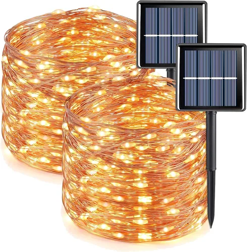 Miniatura 13 de QITONG Guirnalda de luces solares impermeables para exteriores, paquete de 2 unidades de 200 luces LED blancas de Navidad de 66 pies, cable Blanco