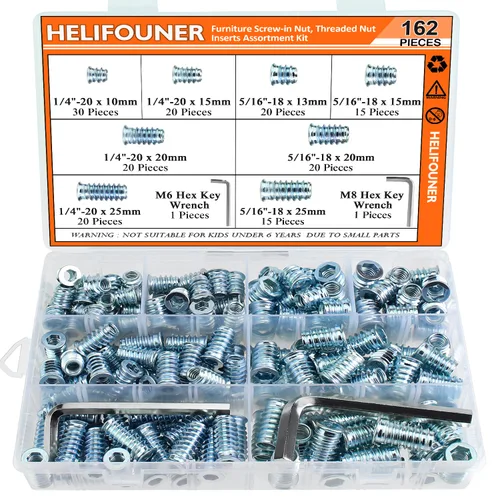 Miniatura 19 de Insertos roscados de 1/4-20, insertos de madera, insertos roscados de acero para tornillo de muebles de madera, kit de 145 piezas de insertos