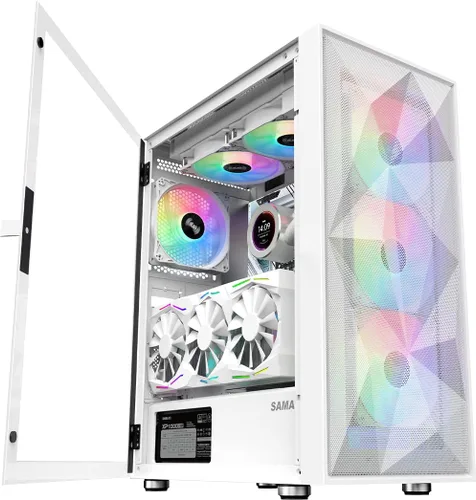 Miniatura 7 de SAMA 3509 Carcasa de PC de torre media ATX blanca - Parte frontal de malla de acero, panel lateral de vidrio templado con bisagras, 4 ventiladores