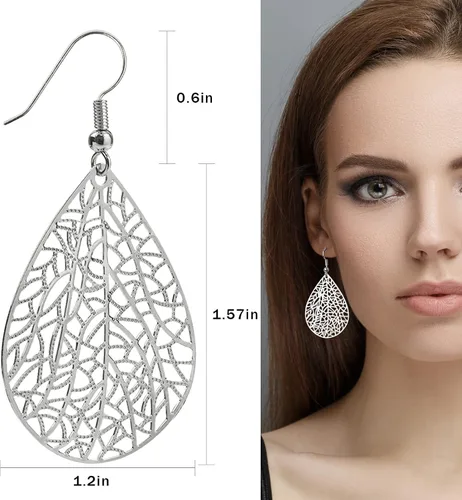 Miniatura 9 de 14K Gold Plated Silver Rose Gold Teardrop Filigree Dangle Earrings Lightweight Leaf Drop Earrings for Christmas Gift