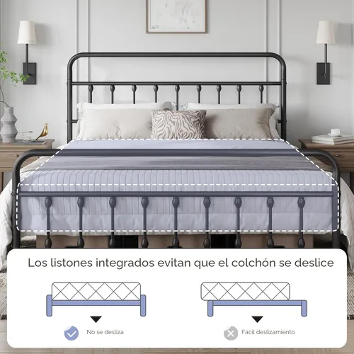 Miniatura 4 de YAHETECH - Marco de cama clásico de metal con estructura de hierro y estilo victoriano, cabecero y pie, espacio debajo de la cama, no necesita base