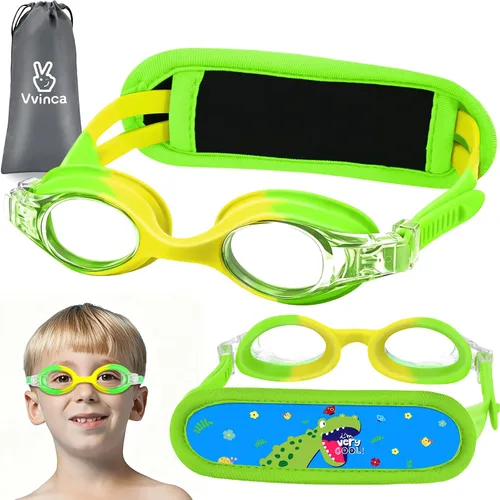 Miniatura 22 de Vvinca Gafas de natación para niños con correa de tela, sin enredos, sin dolor, antivaho para piscina, sin fugas, para niños y niñas