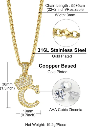 Miniatura 4 de Richsteel Collar con inicial para hombre, chapado en oro de 18 quilates, corona brillante con circonita cúbica, monograma, colgante para mujer