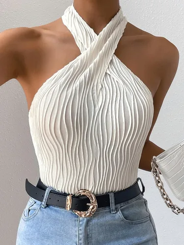 Miniatura 3 de GORGLITTER Camiseta sin mangas con textura cruzada y cuello halter para mujer