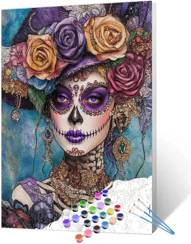 Miniatura 16 de Pintura por números para parejas tomadas de la mano, para adultos, principiantes, Día de los Muertos, Esqueleto, Pintura por números sobre lienzo