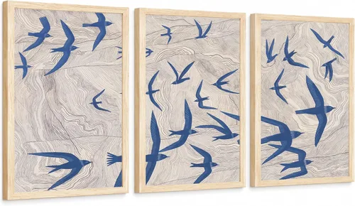 Kousne Juego de 3 arte para pared de pájaros, impresiones en lienzo de pájaros voladores azules, decoración de pared de tríptico costero, arte de