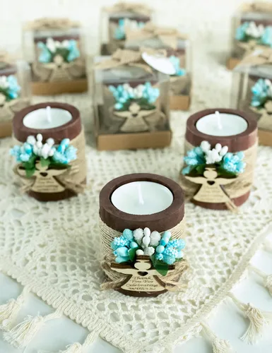Miniatura 3 de Ju's Favors Juego de 10 portavelas de madera para recuerdos de bautismo para invitados, recuerdos de fiesta de baby shower (marrón oscuro - azul)