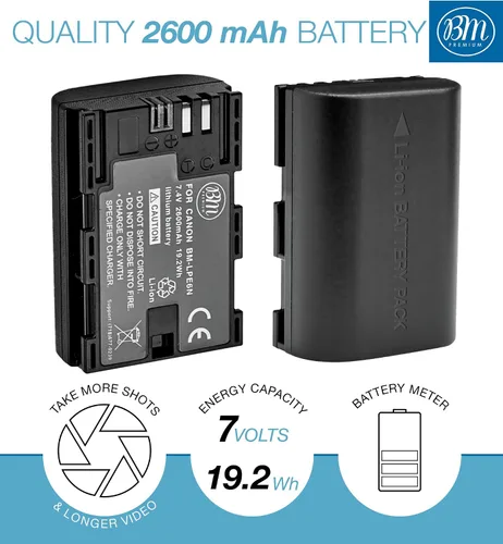 Miniatura 2 de BM Premium Paquete de 3 baterías LP-E6N de alta capacidad para cámaras Canon EOS R, EOS 60D, EOS 70D, EOS 80D, EOS 90D, EOS 5D II, EOS 5D III, EOS