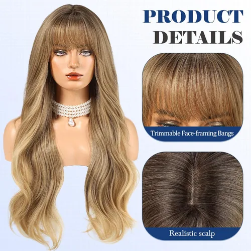 Miniatura 2 de HAIRCUBE Peluca larga rubia mezclada con marrón con flequillo, pelucas rizadas en capas para mujeres, pelucas sintéticas naturales para uso diario