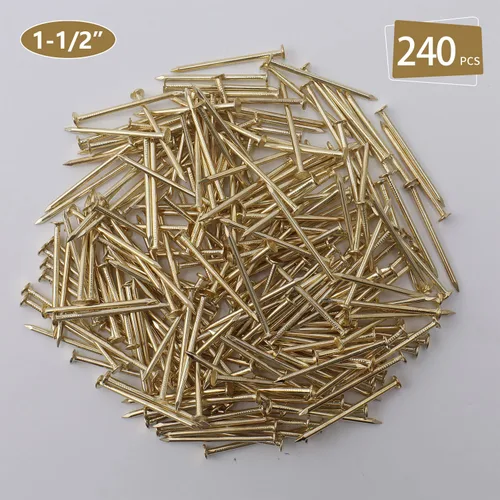 Miniatura 3 de 240 piezas de clavos de ferretería dorados, clavos de madera chapados en latón de 1-1/2" × 14 Ga, clavos para colgar decoración de pared, clavos