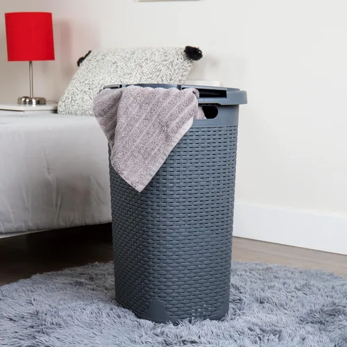 Miniatura 2 de Mind Reader Cesta para Ropa Sucia Delgada de 60L, Cesta de Ropa, Tapa, Estilo Mimbre, Plástico, 17.65"L x 13.75"A x 24.15"Al, Juego de 2, Gris