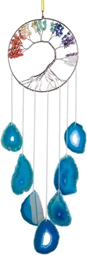 rockcloud Campanillas de viento colgantes de 7 chakras del árbol de la vida con rodajas de ágata colgantes, adorno colgante de ventanas para Azul