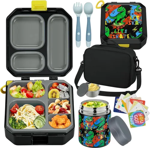 Miniatura 9 de wiwens Lonchera Bento para Niños con Termo para Sopa de 12 oz a Prueba de Fugas, Contenedor de Comida para Almuerzo con 5 Compartimentos, Frasco