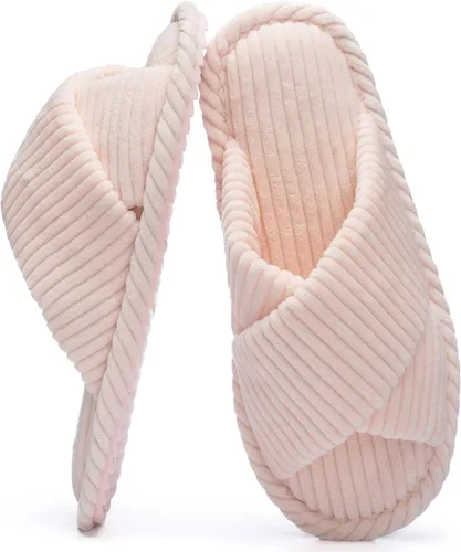 Miniatura 17 de GOEWY - Pantuflas para mujer con espuma viscoelástica para el hogar, con entretejido de pana, tiras cruzadas, con punta abierta, sandalias cómodas