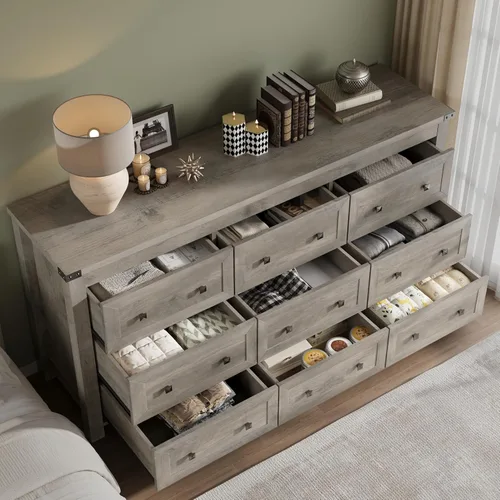 Miniatura 4 de BORNOON Cómoda de 9 cajones, moderna cómoda de almacenamiento de madera, soporte de TV, organizador de cajones de madera con asas de metal