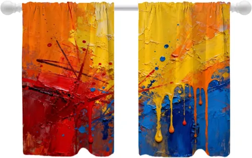Miniatura 131 de Shrahala Beige and Orange Abstract Art Brushstrokes Blackout Curtain Tiers, Abstract Oil Paint Kitchen Valance Light Blocking Tier Drapes with Rod