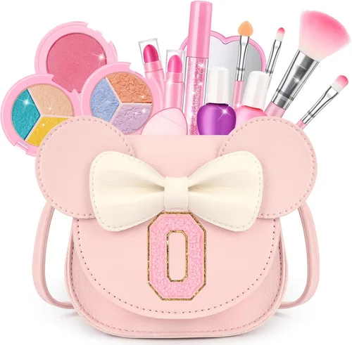 Miniatura 29 de Kit de maquillaje para niñas – Juego de maquillaje lavable real de 15 piezas – Cosmético no tóxico para niños pequeños con bolso de letras – Regalos