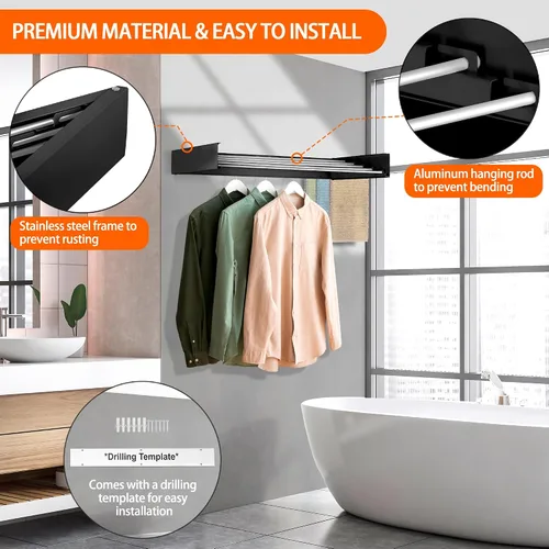 Miniatura 4 de FOCHIER F Estante de secado de ropa para colgar en la pared, plegable, con 5 varillas de aluminio y plantilla de perforación, punta de Negro