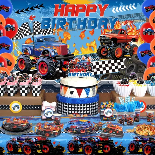 Miniatura 7 de KEFAN Suministros para fiesta de cumpleaños de Monster Truck, juego de decoraciones de fiesta de camión monstruo que incluye telón de fondo, platos