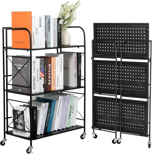 Miniatura 10 de Estantería plegable de metal de 3 niveles con ruedas, estantería plegable para sala de estar, cocina, estudio, 12.6 pulgadas de profundidad x 23.6