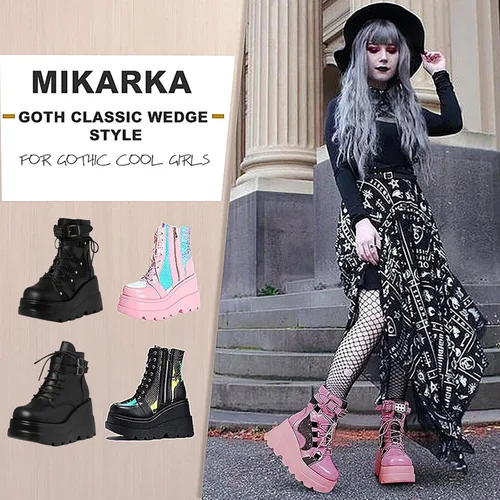 Miniatura 5 de mikarka Botas holográficas de plataforma para mujer, con cordones al tobillo, con hebilla, góticas, apiladas, de combate, botines de combate