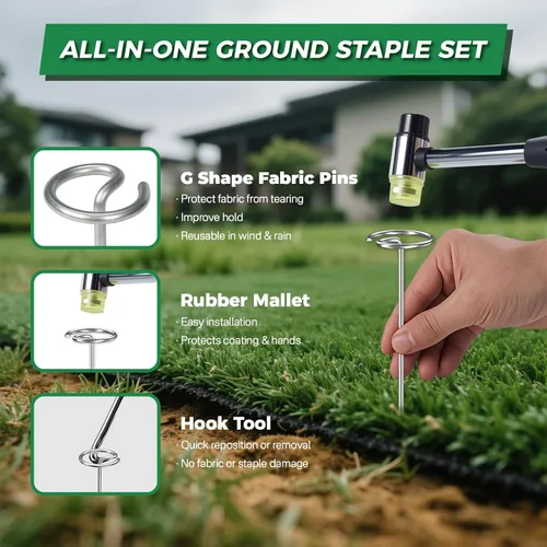 Miniatura 5 de Landscaple - 30 grapas de tela galvanizada en forma de G + 30 grapas de jardín en forma de U con mazo de goma, estacas de tierra para césped