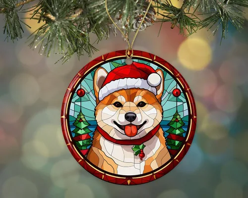 Shiba Inu - Adorno de cerámica de vitrales de Navidad, decoración para colgar en el árbol, regalo religioso para perros para cristianos impreso en